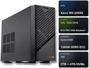ABS AI Workstation - 72GB VRAM (NVIDIA RTX PRO 5000 Blackwell 72GB), Intel Xeon W5-2455X, 128GB ECC DDR5 RDIMM, 2TB+4TB NVMe M.2, 2000W 80+ Gold, Ubuntu (Zaurion ZAW5-2455X-RP500072) ABS AI Workstation - 72GB VRAM (NVIDIA RTX PRO 5000 Blackwell 72GB), Intel Xeon W5-2455X, 128GB ECC DDR5 RDIMM, 2TB+4TB NVMe M.2, 2000W 80+ Gold, Ubuntu (Zaurion ZAW5-2455X-RP500072)