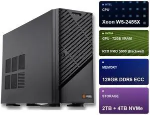 ABS AI Workstation - 72GB VRAM (NVIDIA RTX PRO 5000 Blackwell 72GB), Intel Xeon W5-2455X, 128GB ECC DDR5 RDIMM, 2TB+4TB NVMe M.2, 2000W 80+ Gold, Ubuntu (Zaurion ZAW5-2455X-RP500072) ABS AI Workstation - 72GB VRAM (NVIDIA RTX PRO 5000 Blackwell 72GB), Intel Xeon W5-2455X, 128GB ECC DDR5 RDIMM, 2TB+4TB NVMe M.2, 2000W 80+ Gold, Ubuntu (Zaurion ZAW5-2455X-RP500072)