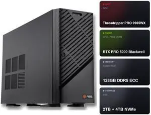 ABS AI Workstation - 72GB VRAM (NVIDIA RTX PRO 5000 Blackwell 72GB), AMD Ryzen Threadripper PRO 9965WX, 128GB ECC DDR5, 2TB+4TB NVMe M.2, 2000W 80+ Gold, Ubuntu (Zaurion ZRP9965WX-RP500072) ABS AI Workstation - 72GB VRAM (NVIDIA RTX PRO 5000 Blackwell 72GB), AMD Ryzen Threadripper PRO 9965WX, 128GB ECC DDR5, 2TB+4TB NVMe M.2, 2000W 80+ Gold, Ubuntu (Zaurion ZRP9965WX-RP500072)