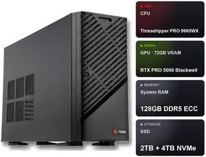 ABS AI Workstation - 72GB VRAM (NVIDIA RTX PRO 5000 Blackwell 72GB), AMD Ryzen Threadripper PRO 9965WX, 128GB ECC DDR5, 2TB+4TB NVMe M.2, 2000W 80+ Gold, Ubuntu (Zaurion ZRP9965WX-RP500072) ABS AI Workstation - 72GB VRAM (NVIDIA RTX PRO 5000 Blackwell 72GB), AMD Ryzen Threadripper PRO 9965WX, 128GB ECC DDR5, 2TB+4TB NVMe M.2, 2000W 80+ Gold, Ubuntu (Zaurion ZRP9965WX-RP500072)