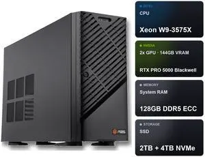 ABS AI Workstation - 144GB Aggregate VRAM (2x 72GB NVIDIA RTX PRO 5000 Blackwell), Intel Xeon W9-3575X, 128GB ECC DDR5 RDIMM, 2TB+4TB NVMe M.2, 2000W 80+ Gold, Ubuntu (Zaurion ZAW9-3575X-RP500072X2) ABS AI Workstation - 144GB Aggregate VRAM (2x 72GB NVIDIA RTX PRO 5000 Blackwell), Intel Xeon W9-3575X, 128GB ECC DDR5 RDIMM, 2TB+4TB NVMe M.2, 2000W 80+ Gold, Ubuntu (Zaurion ZAW9-3575X-RP500072X2)