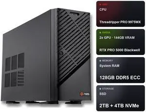 ABS AI Workstation - 144GB Aggregate VRAM (2x 72GB RTX PRO 5000 Blackwell), AMD Ryzen Threadripper PRO 9975WX, 128GB ECC DDR5, 2TB+4TB NVMe M.2, 2000W 80+ Gold, Ubuntu (Zaurion ZRP9965WX-RP500072) ABS AI Workstation - 144GB Aggregate VRAM (2x 72GB RTX PRO 5000 Blackwell), AMD Ryzen Threadripper PRO 9975WX, 128GB ECC DDR5, 2TB+4TB NVMe M.2, 2000W 80+ Gold, Ubuntu (Zaurion ZRP9965WX-RP500072)