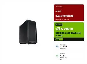 ABS AI Workstation - 96GB VRAM (NVIDIA RTX PRO 6000 Blackwell Max-Q), AMD Ryzen 9 9950X3D, 128GB ECC DDR5 UDIMM, 2x 2TB NVMe M.2, Ubuntu (Zaurion ZRR9950X3D-RP6000MQ) ABS AI Workstation - 96GB VRAM (NVIDIA RTX PRO 6000 Blackwell Max-Q), AMD Ryzen 9 9950X3D, 128GB ECC DDR5 UDIMM, 2x 2TB NVMe M.2, Ubuntu (Zaurion ZRR9950X3D-RP6000MQ)