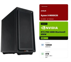 ABS AI Workstation - 96GB VRAM (NVIDIA RTX PRO 6000 Blackwell), AMD Ryzen 9 9950X3D, 128GB ECC DDR5 UDIMM, 2x 2TB NVMe M.2, Ubuntu (Zaurion ZRR9950X3D-RP6000) ABS AI Workstation - 96GB VRAM (NVIDIA RTX PRO 6000 Blackwell), AMD Ryzen 9 9950X3D, 128GB ECC DDR5 UDIMM, 2x 2TB NVMe M.2, Ubuntu (Zaurion ZRR9950X3D-RP6000)