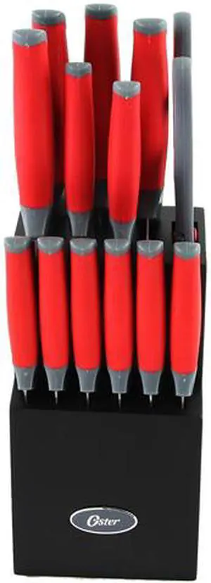 Oster 81006.14 Lindbergh 14 Piece Stainless Steel Cutlery Black Block Set, Red Handles