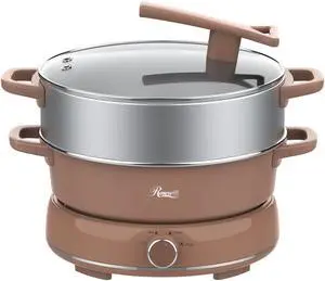 Rosewill 12.7 QT Electric Hot Pot with Multiple Functions, Split Design with 11.8 inch Wider Cooking Pot and SUS Steam Basket, 1600W High Power, Includes Utensils - Mocha