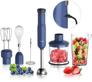 Rosewill 6-in-1 Multi-Speed Cordless Rechargeable Immersion Hand Blender,  Heavy Duty Motor - Stick Blender, Beaker, Whisk, Chopper, Dual Beater, Milk Frother - For Smoothies, Baby Food, Soup - Blue
