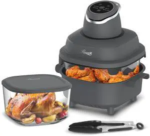 Rosewill 4-in-1 Portable Glass Air Fryer, 4.7QT Transparent Glass Cooking Pot with Storage Lid & Tongs, Compact Smart for Deep Roast, Recrisp, Keep Warm – Dark Grey