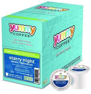 Yummy Coffee Starry Night Dark Roast Coffee, Compostable Single Serve Coffee Pods Compatible with Keurig K-Cup Brewers, 20 Count