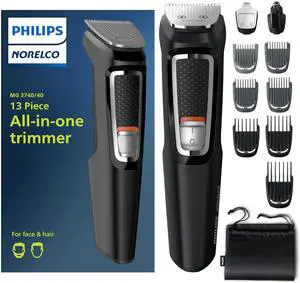 Philips Norelco Multi Groomer - 13 piece Mens Grooming Kit for beard, face, nose, and ear hair trimmer and hair clipper - NO BLADE OIL NEEDED, MG3740/40