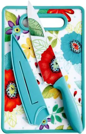 Gibson Home 112065.03 Studio California Jordana 8" Chef Knife W/Sheath & Cutting Board, Turquoise Floral Pattern
