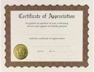 Ready-to-Use Certificates Appreciation 11 x 8.5 Ivory/Brown/Gold Colors with Brown Border 6/Pack 930000