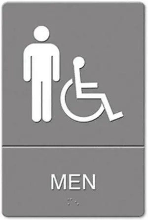 ADA Sign, Men Restroom Wheelchair Accessible Symbol, Molded Plastic, 6 x 9, Gray
