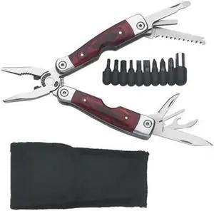 Maxam Wood Handle Stainless Steel Multitool with bits and sheath SKWMT