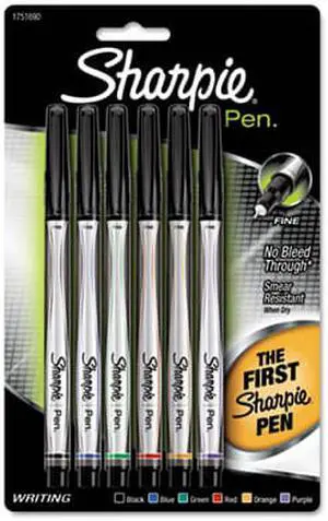 Sharpie 1751690 Plastic Point Stick Permanent Water Resistant Pen, Assorted, Fine, 6 per Pack