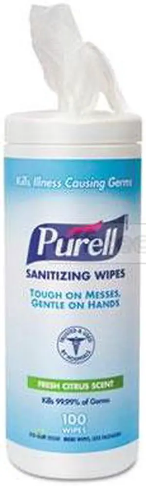Gojo 911112CT Premoistened Sanitizing Wipes, Cloth, 5.78 in. x 7 in., 100-Canister, 12 Canisters-CT