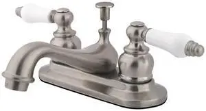 TEAPOT FAUCET W/CERAMIC + OAK HANDLES ABS/BRASS POP-UP-Satin Nickel Finish