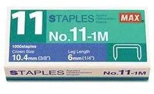 Max No. 11 Mini Staples, 0.25" Leg, 0.38" Crown, Steel, 1,000/Box NO111M
