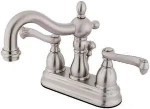 Kingston Brass KB1608FL 4 in. Heritage Centerset Lavatory Faucet with Retail Pop-Up & Metal Lever Handle Satin Nickel