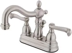 Kingston Brass KS1608FL 4 in. Heritage Centerset Lavatory Faucet with Brass Pop-Up & Metal Lever Handle Satin Nickel