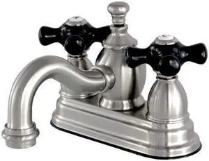 Kingston Brass KS7108PKX 4 in. Curved Spout Centerset Lavatory Faucet with Brass Pop-Up Cross Handle, Satin Nickel