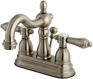 Kingston Brass KS1608BAL 4 in. Centerset Lavatory Faucet with Brass Pop-Up Classic Lever Handle, Satin Nickel