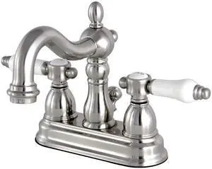 Kingston Brass KS1608BPL 4 in. Centerset Lavatory Faucet with Brass Pop-Up Classic Cross Handle, Satin Nickel