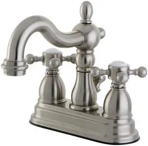 Kingston Brass KS1608BX 4 in. Heritage Centerset Lavatory Faucet with Brass Pop-Up metal Cross Handle, Satin Nickel