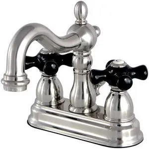 Kingston Brass KS1608PKX 4 in. Centerset Lavatory Faucet with Brass Pop-Up Elegant Cross Handle Cross Handle, Satin Nickel
