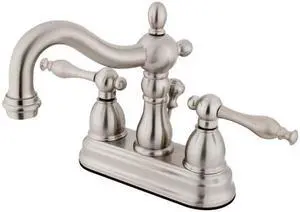 Kingston Brass KS1608NL 4 in. Heritage Centerset Lavatory Faucet with Brass Pop-Up & Metal Lever Handle Satin Nickel