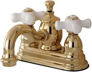 Kingston Brass KS7102PX 4 in. English Country Centerset Lavatory Faucet with Procelain Cross Handle & Brass Pop-Up, Polished Brass