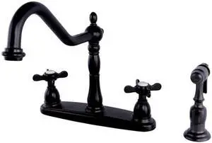 Kingston Brass KB1755BEXBS 8 in. Centerset Kitchen Faucet & Brass Sprayer with Classic Cross Handle, Oil Rubbed Bronze