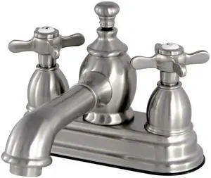 Kingston Brass KS7008BEX 4 in. Centerset Lavatory Faucet with Brass Pop-Up Elegant Cross Handle Cross Handle, Satin Nickel
