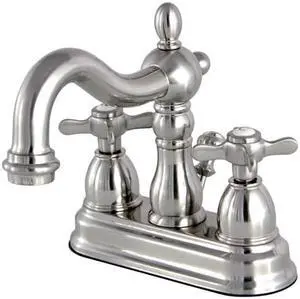 Kingston Brass KS1608BEX 4 in. Victorian Centerset Lavatory Faucet with Brass Pop-Up Cross Handle, Satin Nickel