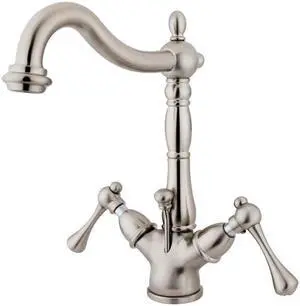 Kingston Brass KS1438BL 4 in. Deck Mount Lavatory Faucet with Handle & Brass Pop-Up, Satin Nickel