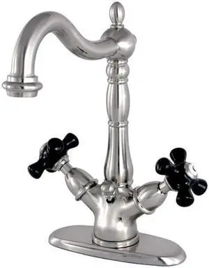 Kingston Brass KS1438PKX 4 in. Duches Centerset Lavatory Faucet with Brass Pop-Up Elegant Cross Handle, Satin Nickel