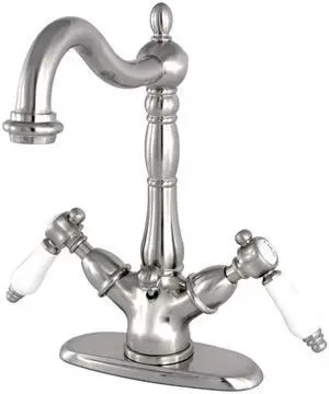 Kingston Brass KS1438BPL 4 in. Centerset Lavatory Faucet with Brass Pop-Up, Satin Nickel