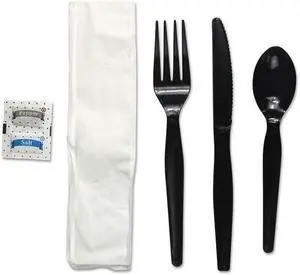 Boardwalk FKTNSHWPSBLA 6-Pc. Cutlery Kit, Condiment / Fork / Knife / Napkin / Spoon, Heavyweight, Black, 250 / Carton