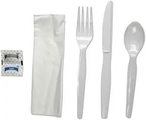 Boardwalk FKTNSHWPSWH 6-Pc. Cutlery Kit, Condiment / Fork / Knife / Napkin / Spoon, Heavyweight, White, 250 / Carton