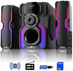 BeFree Sound BFS-A102 2.1 Channel Bluetooth Multimedia Wired Speaker Shelf Stereo System with Reactive LED Lights, FM Radio, USB & SD Inputs, 6 ohm - Black & Silver