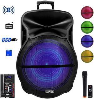 BeFree Sound BFS-5900 18 in. Blutooth Portable Rechargeable Party Speaker with Sound Reactive LED Party Lights, USB & SD, Microphone & Guitar Inputs & FM Radio