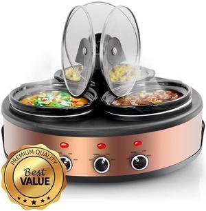 MegaChef MC-1103 1.5 qt. Round Triple Slow Cooker & Buffet Server with 3 Ceramic Cooking Pots & Removable Lid Rests - Brushed Copper & Black