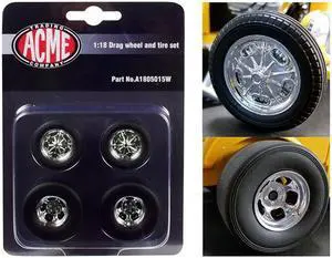 ACME A1805015W 1 by 18 Scale Chrome Drag Wheel & Tire Set for 1932 Ford 3 Window Model - 4 Piece