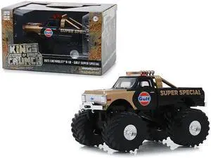 Greenlight 88013 66 in. 1971 Chevrolet K-10 Monster Truck Gulf Super Special with Tires Kings of Crunch 1 by 43 Diecast Model Car, Black & Gold