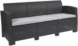 Dark Gray Faux Rattan Sofa with All-Weather Light Gray Cushions