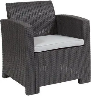 Dark Gray Faux Rattan Chair with All-Weather Light Gray Cushion