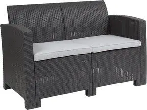 Dark Gray Faux Rattan Loveseat with All-Weather Light Gray Cushions