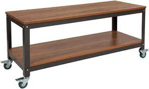 Flash Furniture Livingston Collection TV Stand with Metal Wheels, Brown Oak Wood Grain Finish