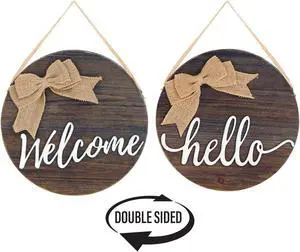 TX USA Home Modern Decorative Welcome Hello Reversible Wood Wall Decor with Burlap Bow - Brown