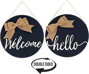 TX USA Home Modern Decorative Welcome Hello Reversible Wood Wall Decor with Burlap Bow - Black